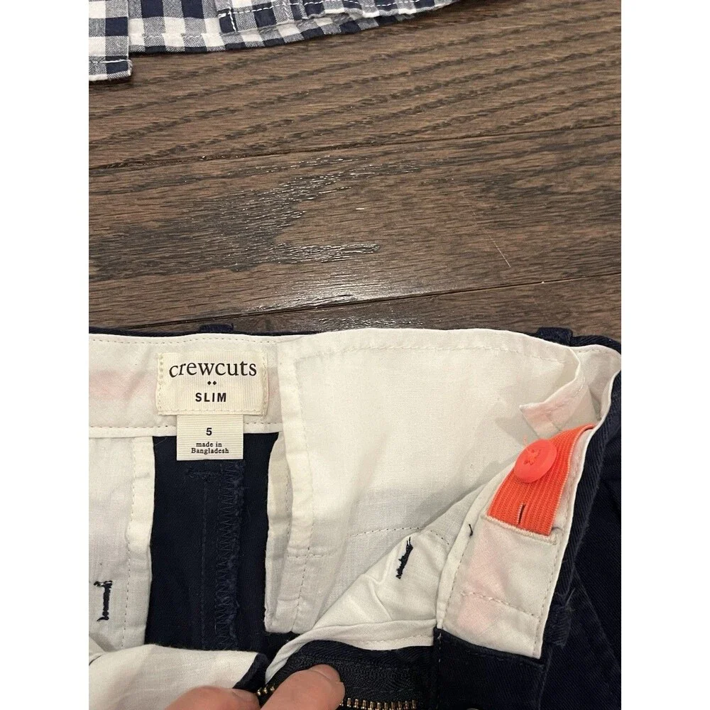 Boys Gingham Button Down And Navy Chino Pants Set Gap Kids & Crewcut Sz 4-5